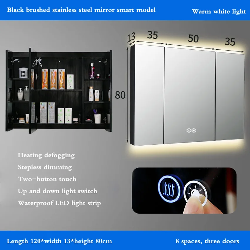 120*80*13cm Black Stainless Steel Mirror Cabinet Smart Anti-fog Bathroom With Lamp Mirror Cabinet Wall-mounted Bathroom Mirror
120*80*13cm Black Stainless Steel Mirror Cabinet Smart Anti-fog Bathroom With Lamp Mirror Cabinet Wall-mounted Bathroom Mirror