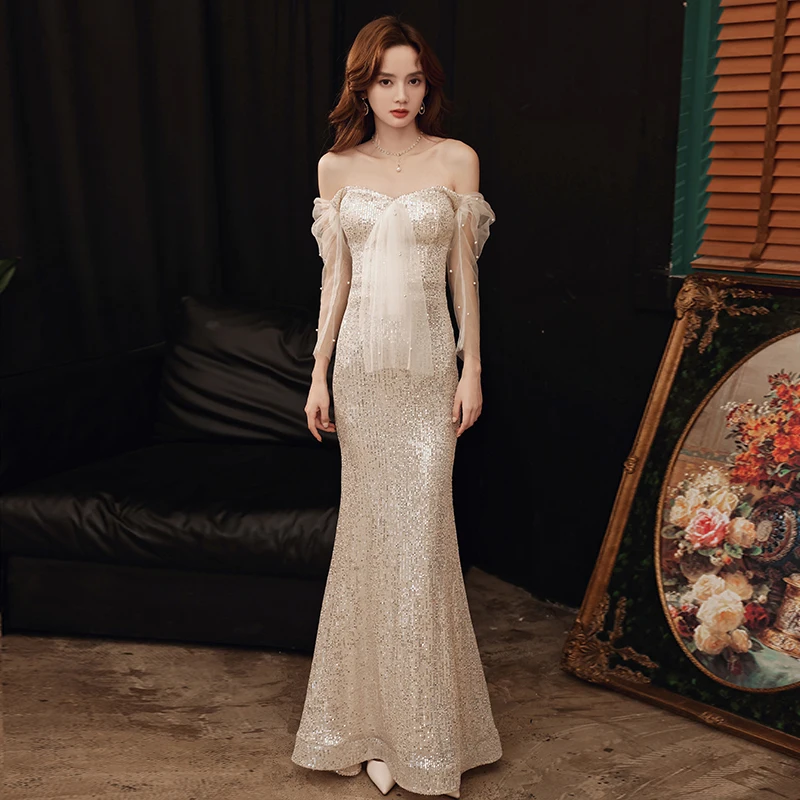 Boat Neck Simple Evening Dress Sequins Pleat Floor-Length Pearls Full Sleeves New Mermaid Plus size Women Formal Party Gown C926
Boat Neck Simple Evening Dress Sequins Pleat Floor-Length Pearls Full Sleeves New Mermaid Plus size Women Formal Party Gown C926