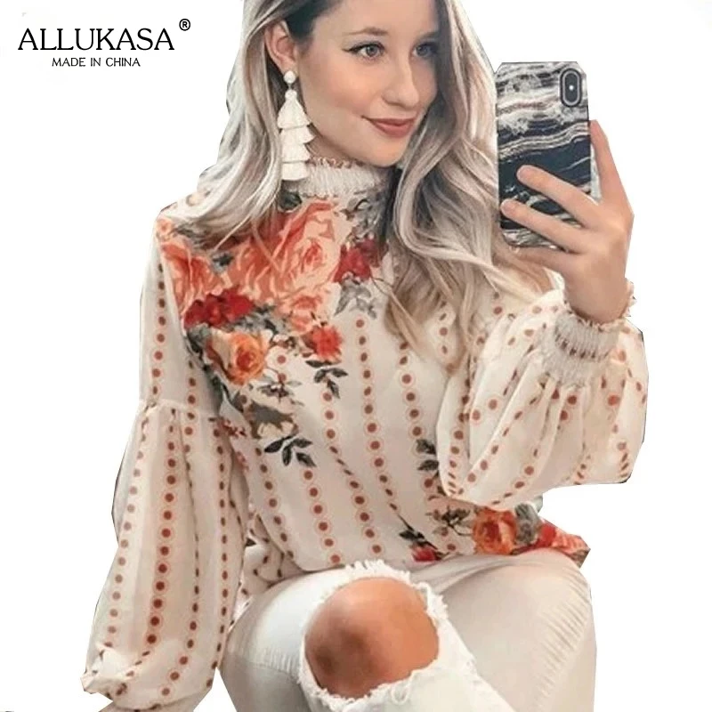 Fashion Lantern Sleeve High Neck Long Sleeve Ladies Blouse Retro Floral Pleated Printed Loose Chiffon Boho Top and Shirt 
Fashion Lantern Sleeve High Neck Long Sleeve Ladies Blouse Retro Floral Pleated Printed Loose Chiffon Boho Top and Shirt