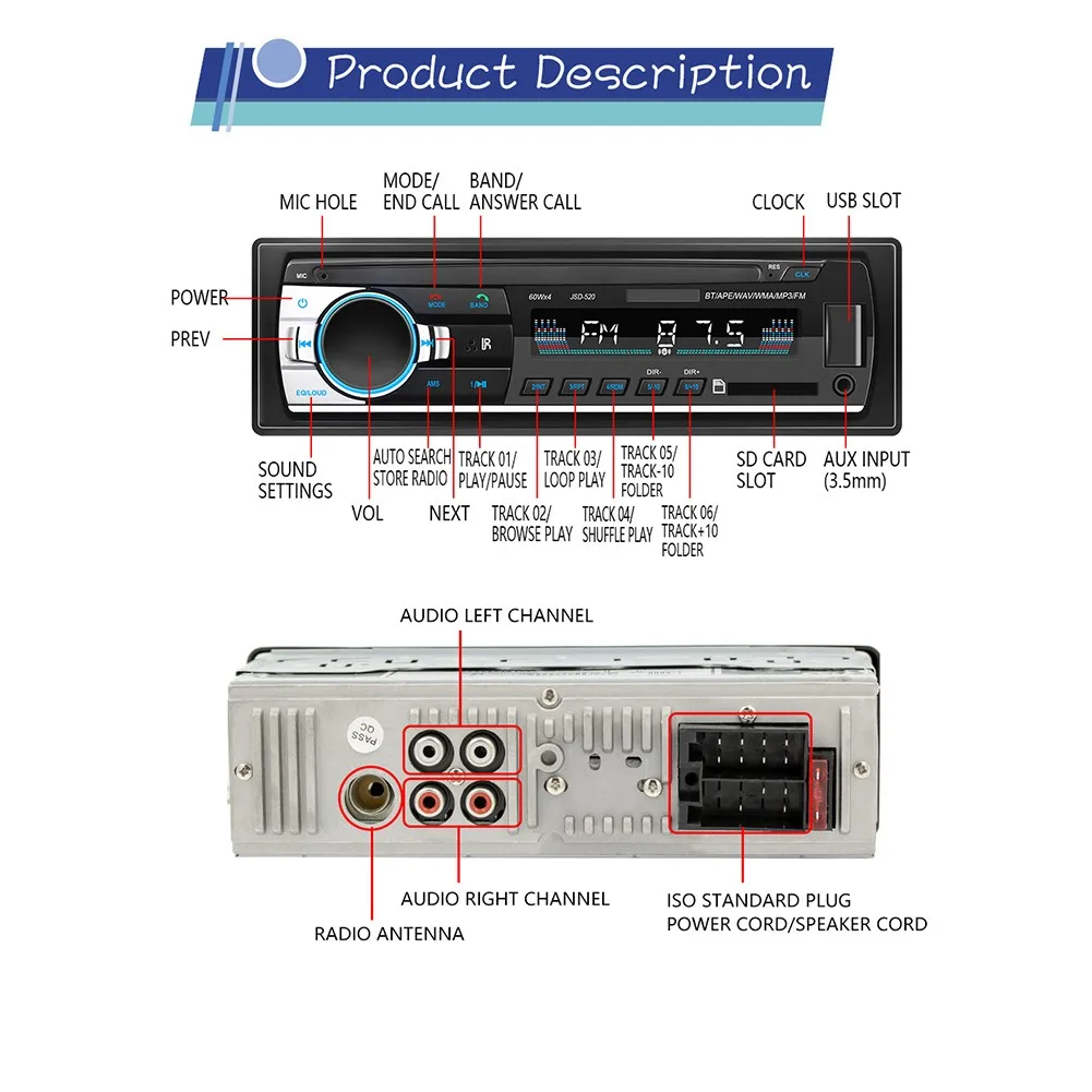 1pc SD-520 Bluetooth Car Audio MP3 Player Radio FM Aux Input Receiver TFCard Slot Card U Disk With Remote Control Accessories
1pc SD-520 Bluetooth Car Audio MP3 Player Radio FM Aux Input Receiver TFCard Slot Card U Disk With Remote Control Accessories