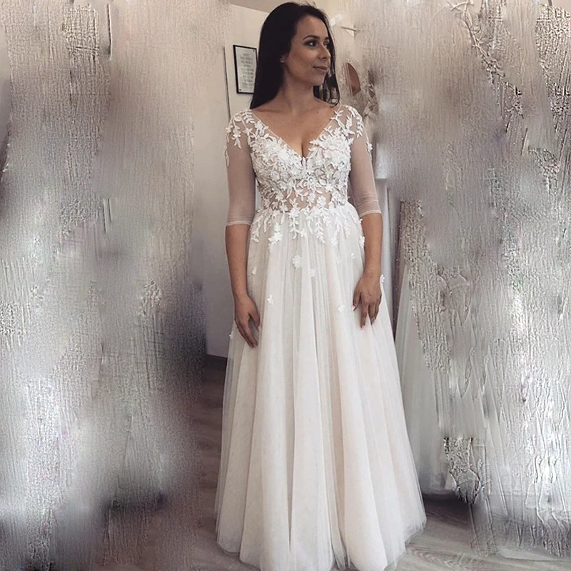 Simple Half Sleeves Wedding Dresses Appliques V-Neck A Line Dress Floor Length Bridal Gowns Formal Plus Size Robe De Mariée
Simple Half Sleeves Wedding Dresses Appliques V-Neck A Line Dress Floor Length Bridal Gowns Formal Plus Size Robe De Mariée