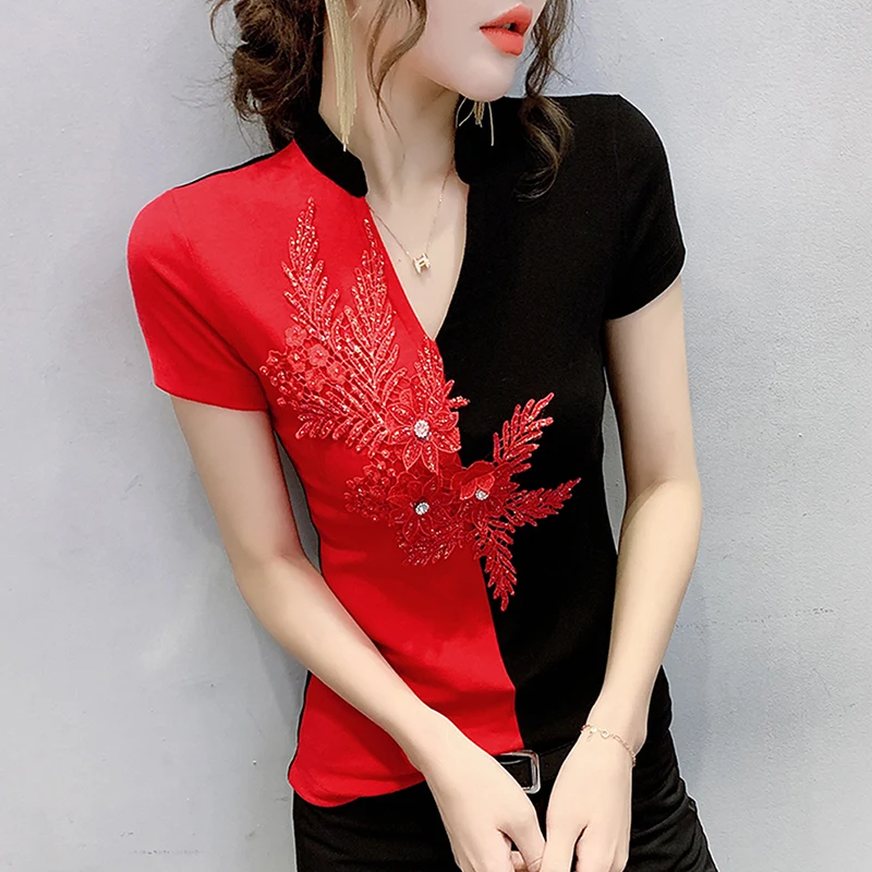 #6016 Summer Spliced Color Short Sleeve T Shirt Women Embroidery Sexy T Shirt For Girl V Neck Cotton SlimT-shirt Korean Style
#6016 Summer Spliced Color Short Sleeve T Shirt Women Embroidery Sexy T Shirt For Girl V Neck Cotton SlimT-shirt Korean Style