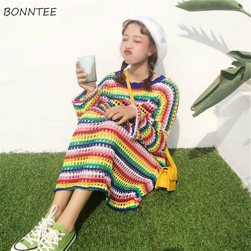 Sweaters Women Chic Rainbow Striped Ulzzang Lovely Trendy Ladies Knitwear Ins Preppy Hollow Out Design Harajuku Friends Sweater | Женская