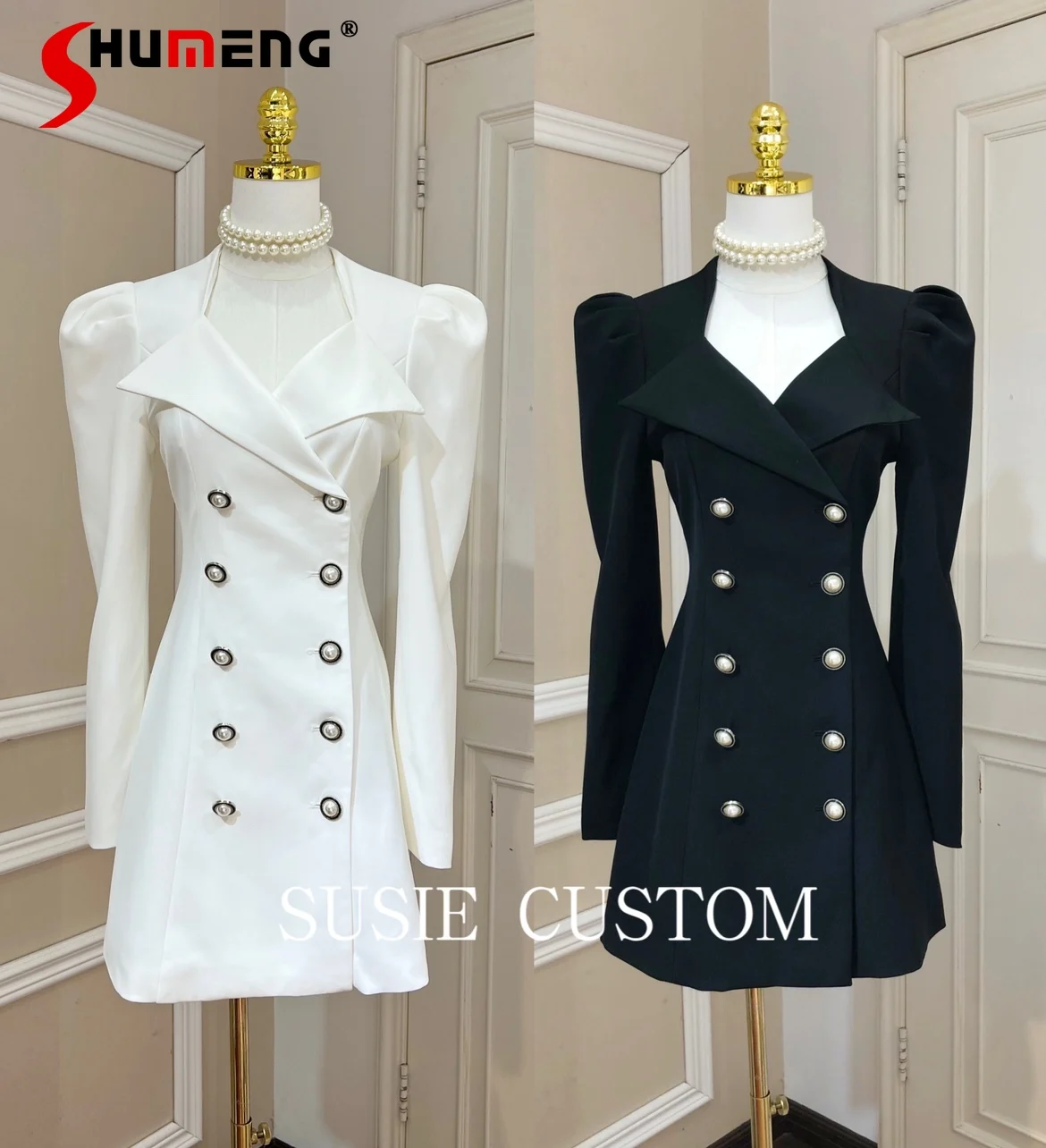 New Ladies Graceful Puff Sleeve V-neck Lapel Pearl Double Breasted Dress Women's 2021 Autumn Fashion Solid Slim Waist Suit Dress
New Ladies Graceful Puff Sleeve V-neck Lapel Pearl Double Breasted Dress Women's 2021 Autumn Fashion Solid Slim Waist Suit Dress