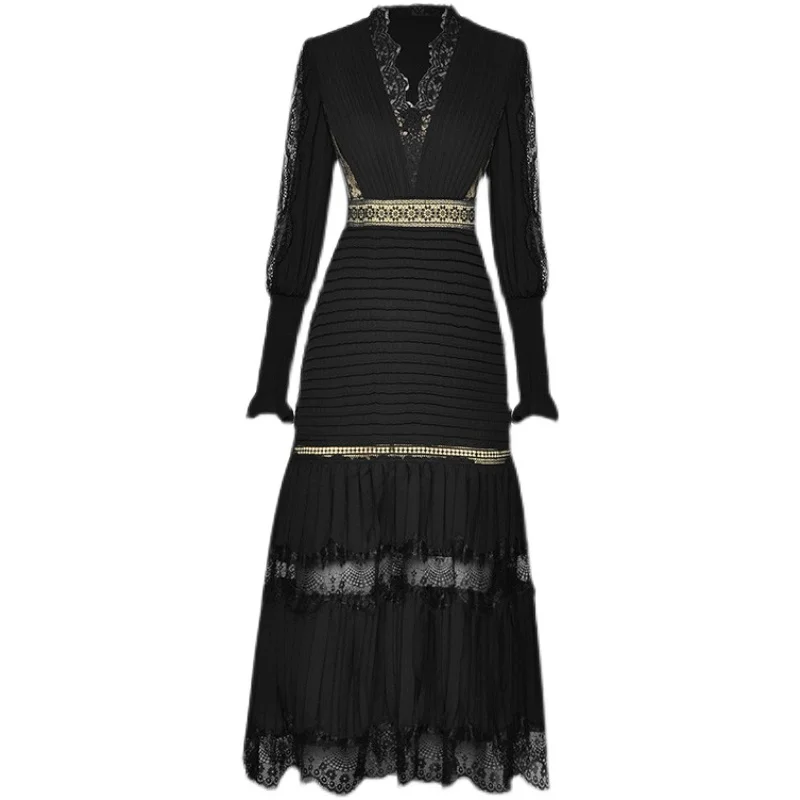 Fashion Designer Autumn Elegant Black Pink Party Dresses Women V-neck Luxury Lace Patchwork Vintage Midi Dress Vestidos
Fashion Designer Autumn Elegant Black Pink Party Dresses Women V-neck Luxury Lace Patchwork Vintage Midi Dress Vestidos