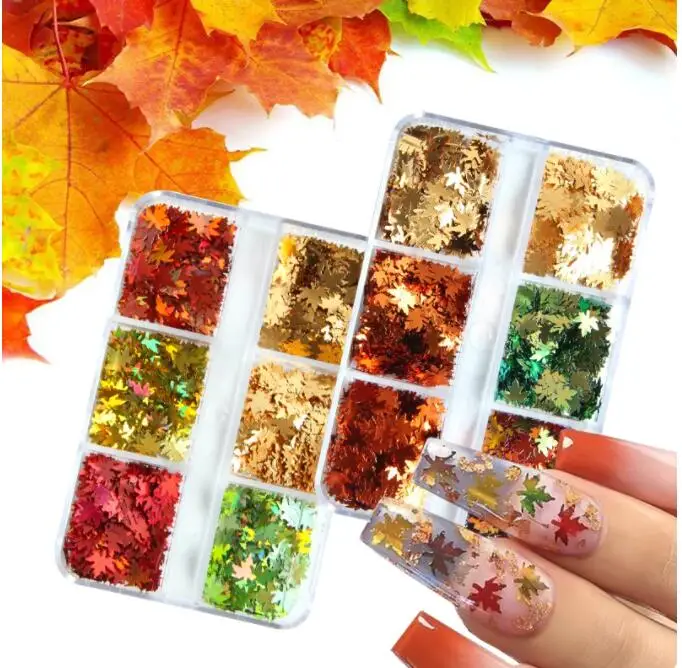 

Голографические кленовые листья, 6 сеток, блестящие лазерные блестки, кленовый лист, Осенний маникюр, 3D украшения для ногтей