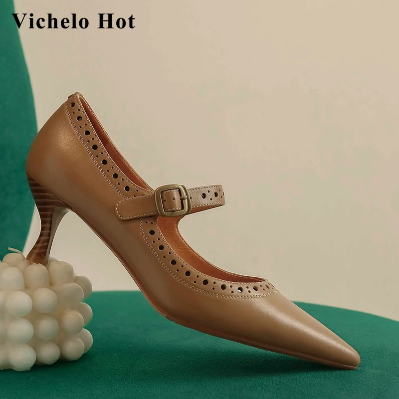 Vichelo Hot vintage full grain leather carving gladiator pointed toe thin high heel buckle straps mature gentlewomen pumps L3f3
Vichelo Hot vintage full grain leather carving gladiator pointed toe thin high heel buckle straps mature gentlewomen pumps L3f3