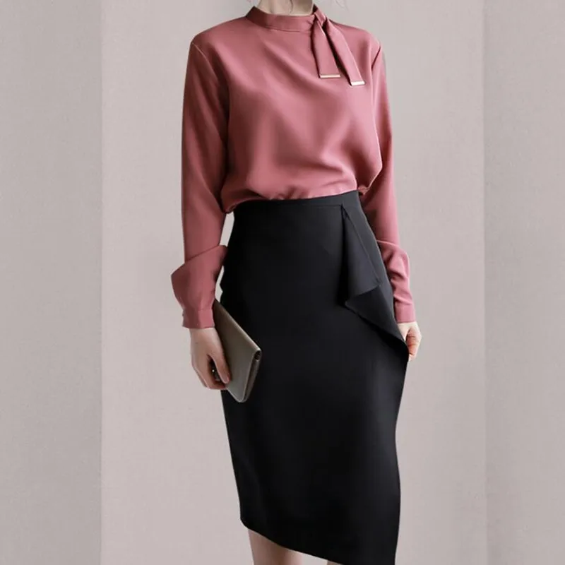 

Осенний элегантный офисный Женский комплект с юбкой, комплект из двух предметов, женская рубашка с длинным рукавом, облегающая юбка-годе, Ко...