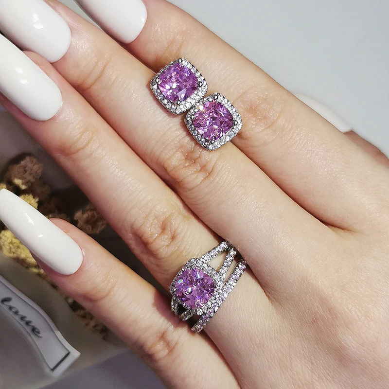 2pcs Pack silver color bride Jewelry Set Halo Engagement Ring Round Stud Earring For Wedding J7000-pink
2pcs Pack silver color bride Jewelry Set Halo Engagement Ring Round Stud Earring For Wedding J7000-pink