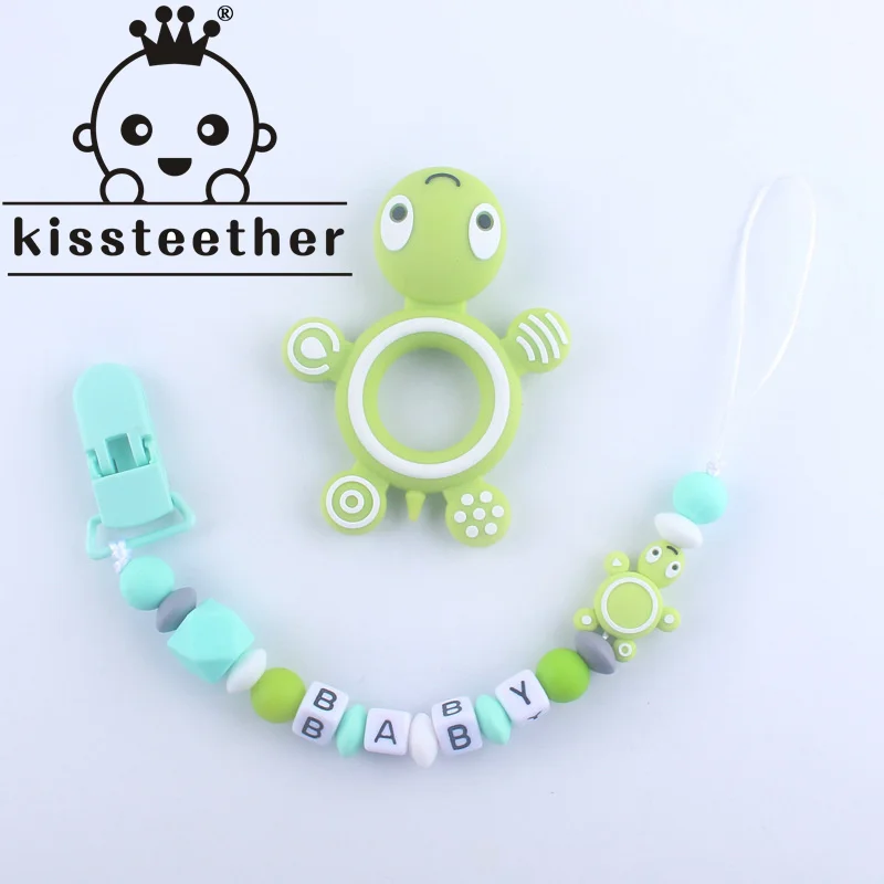 

Kissteether Personalised Name Silicone Turtle Beads Pacifier Clip Chain For Baby Teething Soother Chew Dummy Chain Clips Set