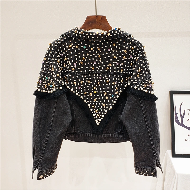Korean Short Long Sleeve Single Breasted Rivet Tassel Pockets Turn down Collar Denim Jacket Women Loose Black Jeans Jacket Coat
Korean Short Long Sleeve Single Breasted Rivet Tassel Pockets Turn down Collar Denim Jacket Women Loose Black Jeans Jacket Coat