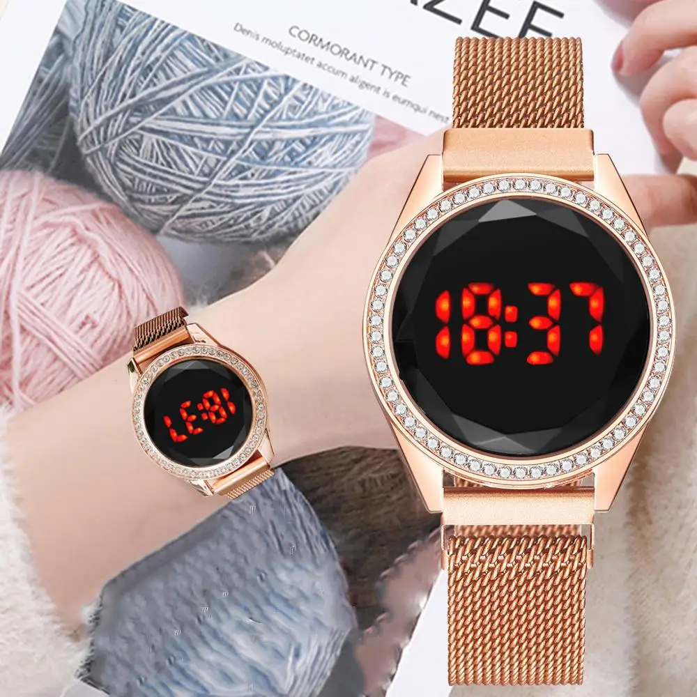 

2021 LED Magnetische Legierung Quarz Elektronische Weiblichen Rose Gold Diamant Mode Frauen Luxus Damen Uhren relogio feminino