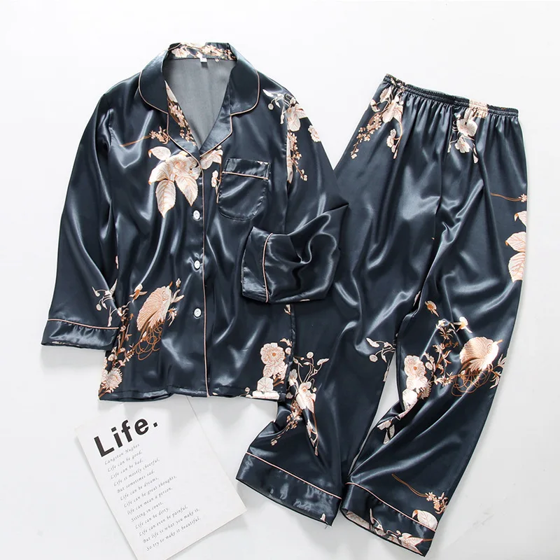 Summer Lapel Pajamas Suit Lady Pyjamas Pour Femme Print Flower Long Sleeve Top&Trousers Set Satin Home Clothes Loungewear
Summer Lapel Pajamas Suit Lady Pyjamas Pour Femme Print Flower Long Sleeve Top&Trousers Set Satin Home Clothes Loungewear