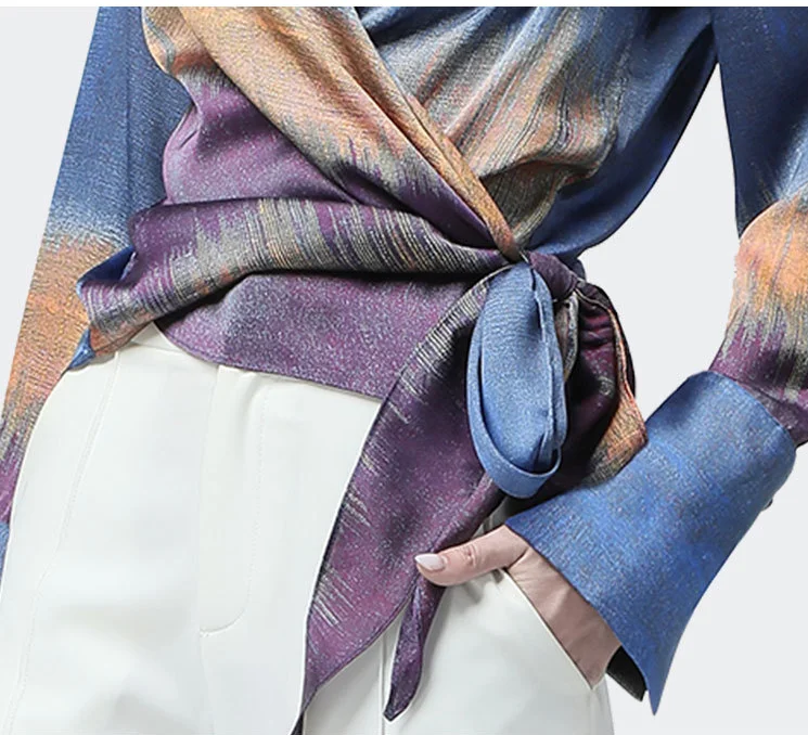 Women Satin Blouse Blue Purple Mixed Colors Printed Long Sleeve Sashes Tie Up V Neck Tops Elegant Slim Female Office Work Shirts
Women Satin Blouse Blue Purple Mixed Colors Printed Long Sleeve Sashes Tie Up V Neck Tops Elegant Slim Female Office Work Shirts
