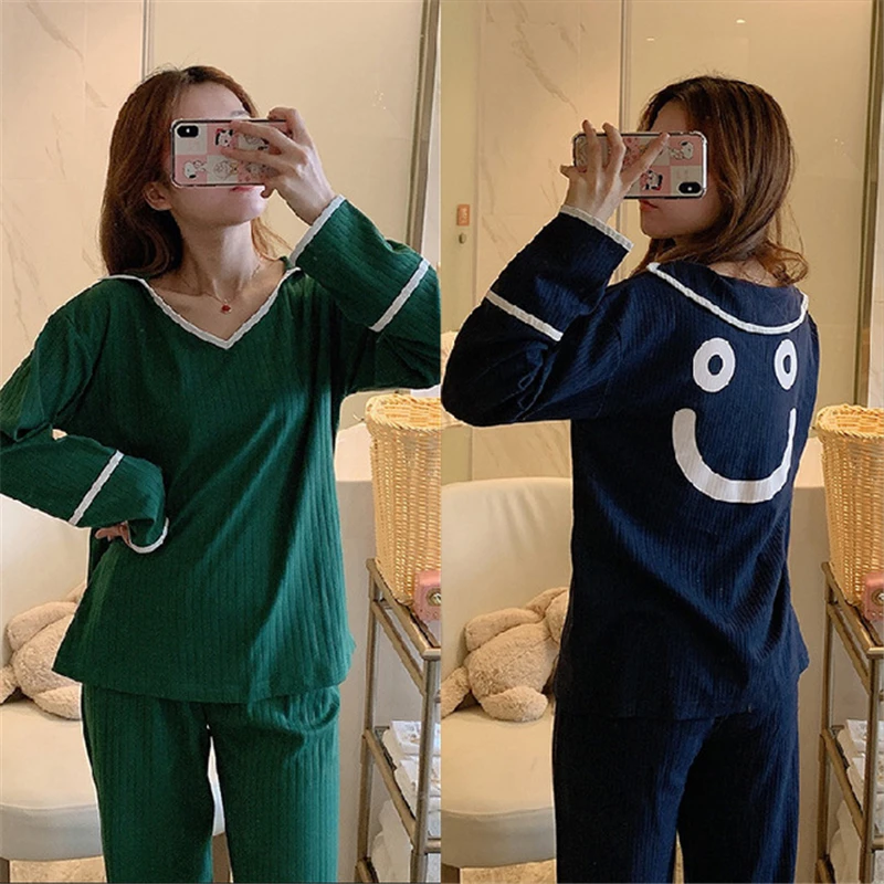 

Explosion pajamas autumn long-sleeved cotton loose Korean two-piece suit casual women's home service sexy nightwear 2020 new
