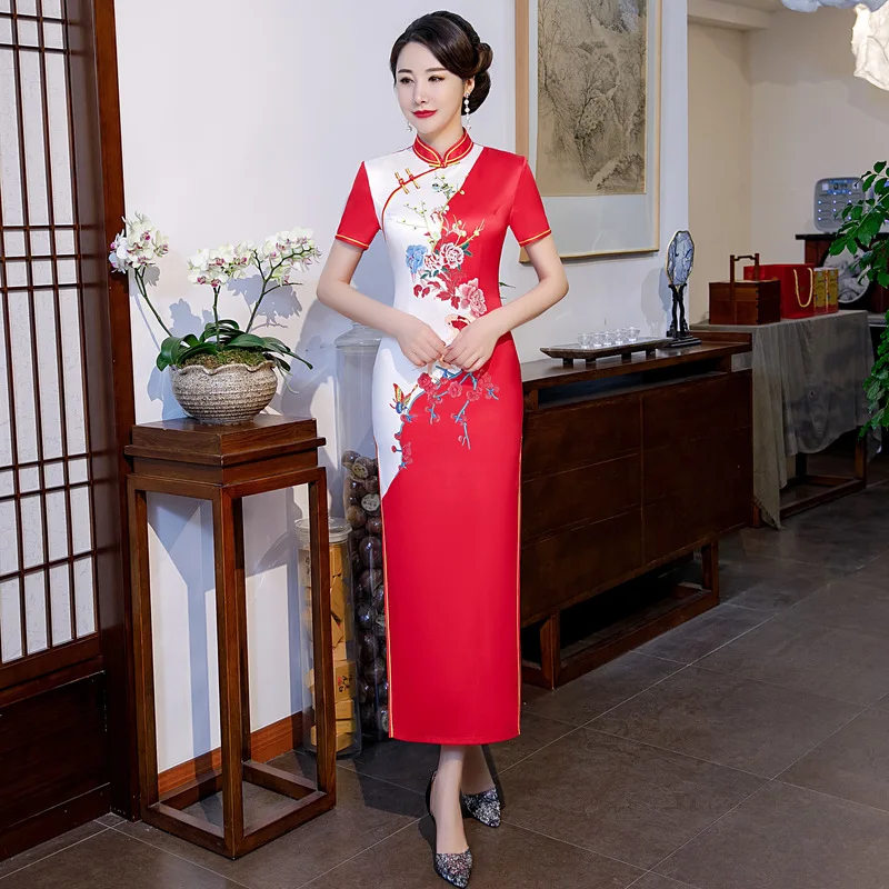 

Ladies Chinese Clothing Cheongsam China Style Elegant Daily Traditional Dress Stain Long Qipao