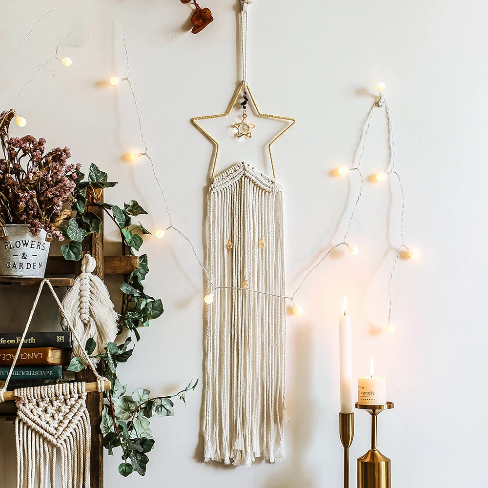 Boho Macrame Dream Catcher Star Wall Hanging Home Decor Tapestry Room Decoration Tassel Pendant LivingRoom Ornaments with Light
Boho Macrame Dream Catcher Star Wall Hanging Home Decor Tapestry Room Decoration Tassel Pendant LivingRoom Ornaments with Light
