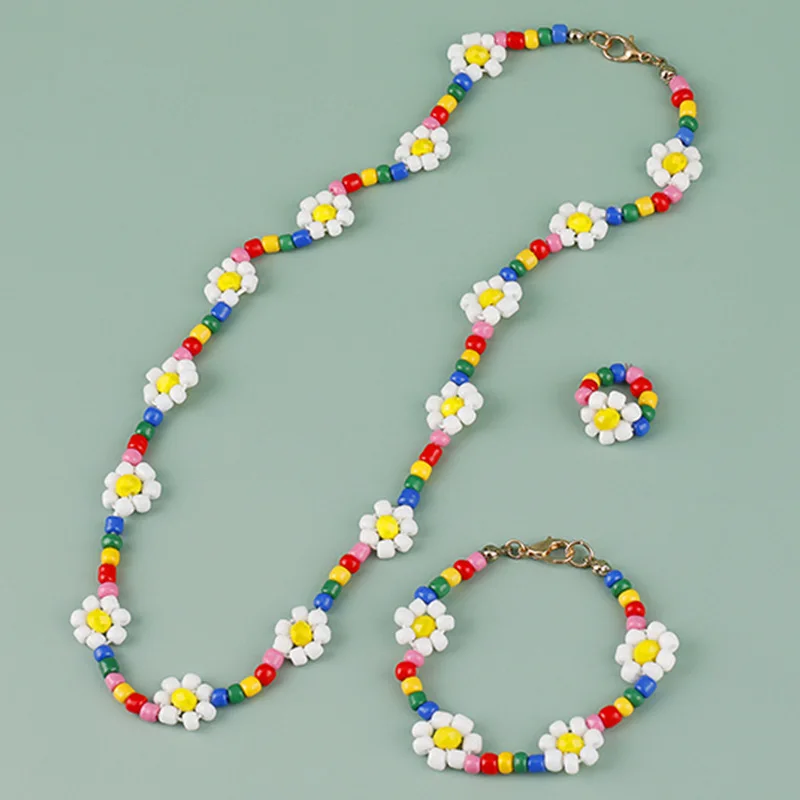 2/3Pcs Handmade Woven Little Flower Daisy Necklace Bracelet Ring Set Colorful Acrylic Beads For Girls Kids Children Summer Party
2/3Pcs Handmade Woven Little Flower Daisy Necklace Bracelet Ring Set Colorful Acrylic Beads For Girls Kids Children Summer Party