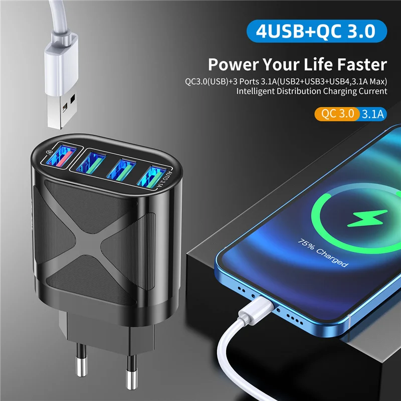 Зарядное устройство USLION с 4 USB-портами 3 А 48 Вт | Мобильные телефоны и аксессуары