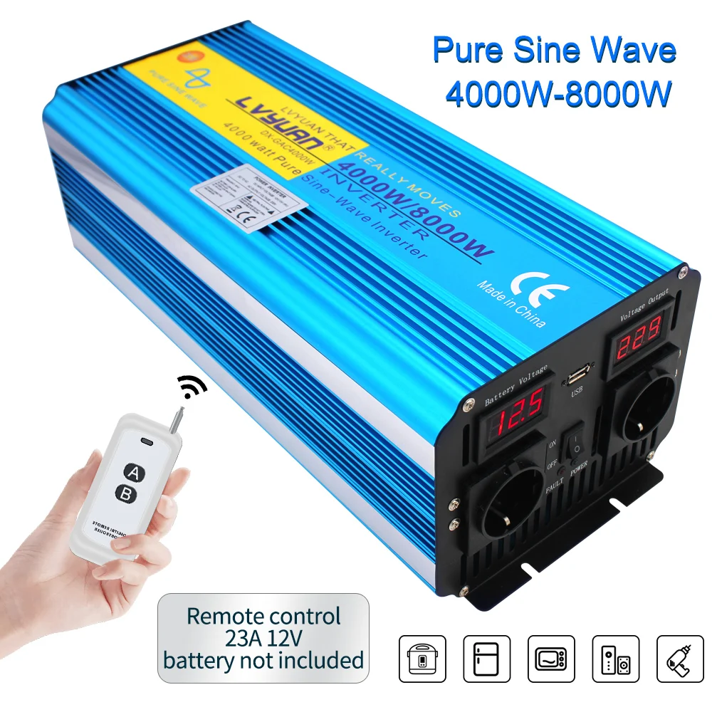 Pure Sine Wave Inverter DC 12V / 24V to AC 220V 230V 240V 8000W Voltage Converter LED Voltage Display Universal EU Socket
Pure Sine Wave Inverter DC 12V / 24V to AC 220V 230V 240V 8000W Voltage Converter LED Voltage Display Universal EU Socket