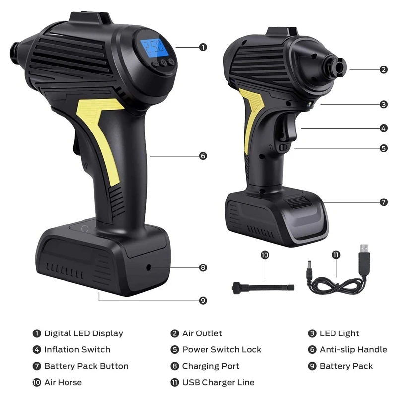 Tire Inflator Air Compressor for Car Tire Cordless Car Tire Pump Digital Pressure Gauge Auto Shut Off for Bicycles
Tire Inflator Air Compressor for Car Tire Cordless Car Tire Pump Digital Pressure Gauge Auto Shut Off for Bicycles