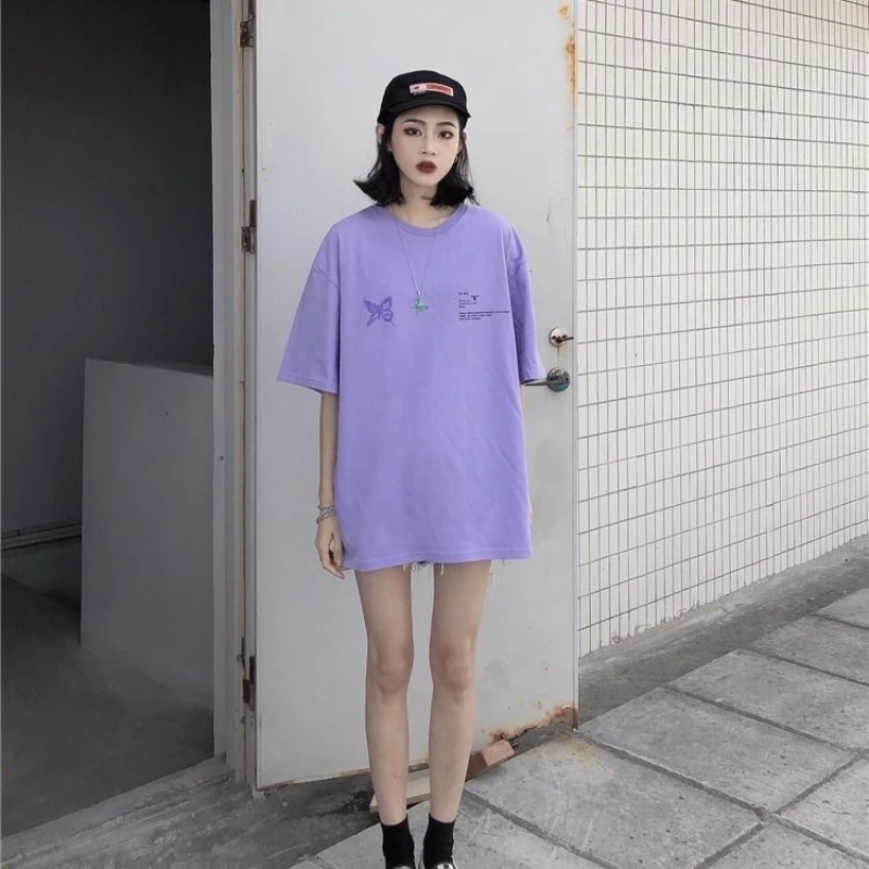 T-shirt women summer Korean retro graffiti butterfly print loose oversize short-sleeved tshirt female student couple top | Женская