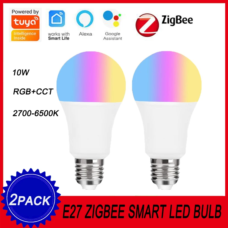 

2pcs Tuya Zigbee Smart Light Bulb 10W E27 LED Lamp RGB+CCT 2700-6500K Dimmable Smart Life APP Remote Control Voice For Alexa