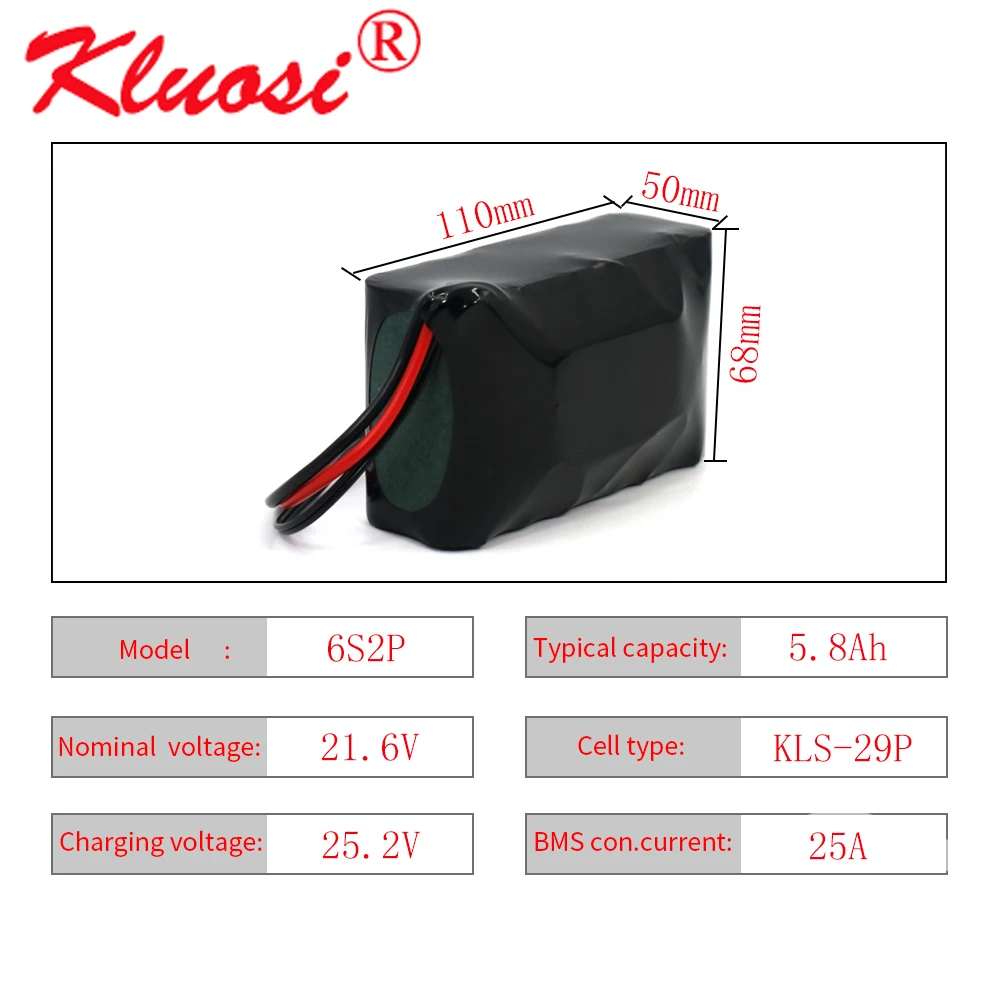 KLUOSI 6S2P 24V 5.8Ah 21.6V 6Ah 25.2V Lithium Battery Pack for Electric Bicycle Ebike Scooter Wheelchair Cropper with 25A BMS
KLUOSI 6S2P 24V 5.8Ah 21.6V 6Ah 25.2V Lithium Battery Pack for Electric Bicycle Ebike Scooter Wheelchair Cropper with 25A BMS