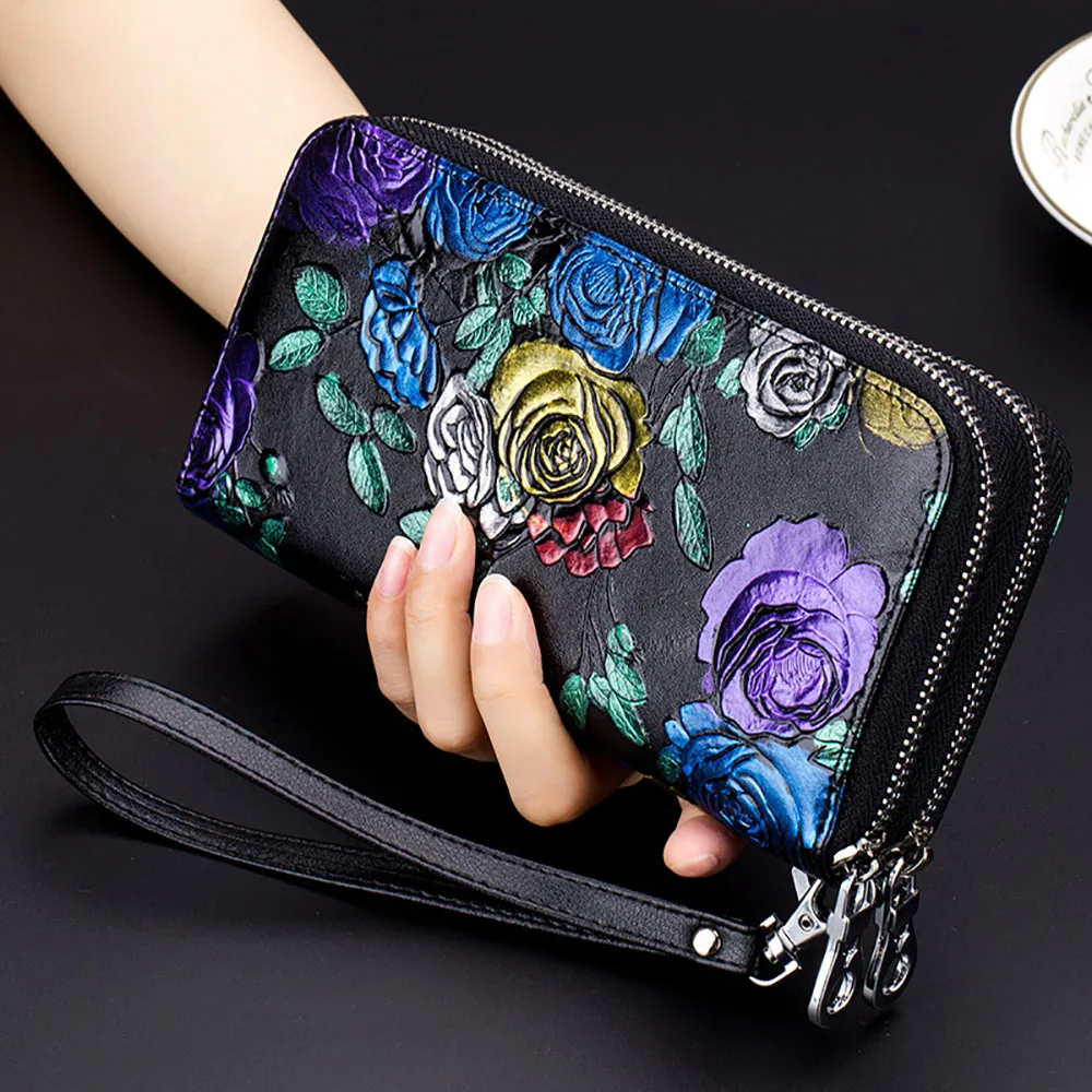 Женский винтажный кошелек Fengdong черный для карт с цветочным принтом женский клатч