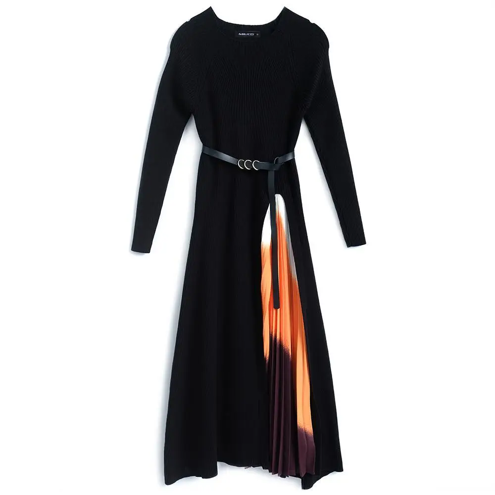 Elegant knit stitching gradient pleated slim waist dress women's 2021 spring new style
Elegant knit stitching gradient pleated slim waist dress women's 2021 spring new style