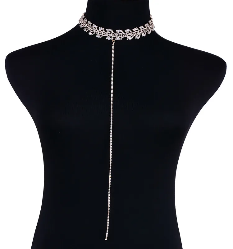 

Europe and America Luxurious Sexy Chokers Necklaces Woman Crystal Long Rhinestone Body Jewelry Geometry Trendy Nightclub