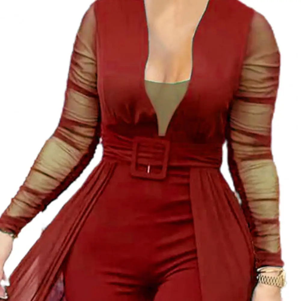 New Fashion Jumpsuit Solid Color Skinny Playsuit Women Long Sleeve Sheer Patchwork Waist Tight Belt Overall for Party
New Fashion Jumpsuit Solid Color Skinny Playsuit Women Long Sleeve Sheer Patchwork Waist Tight Belt Overall for Party