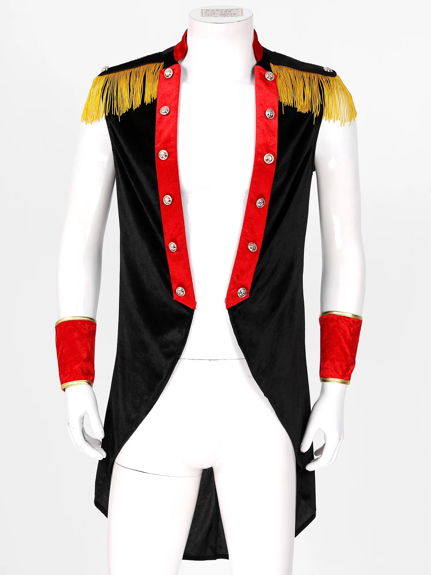 Mens Velvet Tailcoat with Cuffs Circus Showman Carnival Cosplay Costume Open Front Sleeveless Tailcoat Halloween Rolepaly Outfit
Mens Velvet Tailcoat with Cuffs Circus Showman Carnival Cosplay Costume Open Front Sleeveless Tailcoat Halloween Rolepaly Outfit