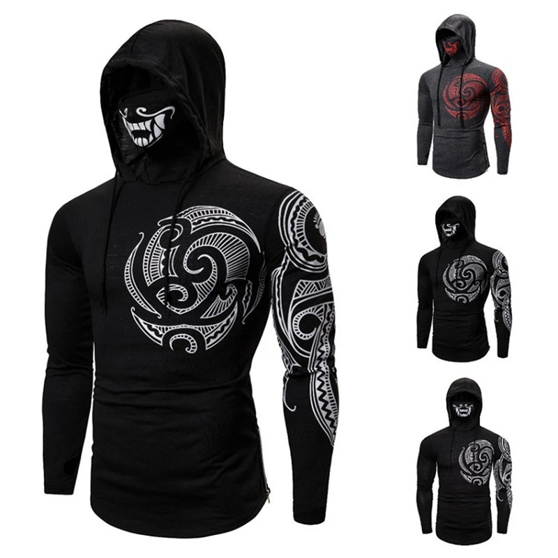 Men Trend With Mask Hood Sweatshirt Elastic Fitness Tattoo Print Hooded Sweat Homme Mens Hip Hop Sudadera Ninja Suit Streetwear | Мужская
