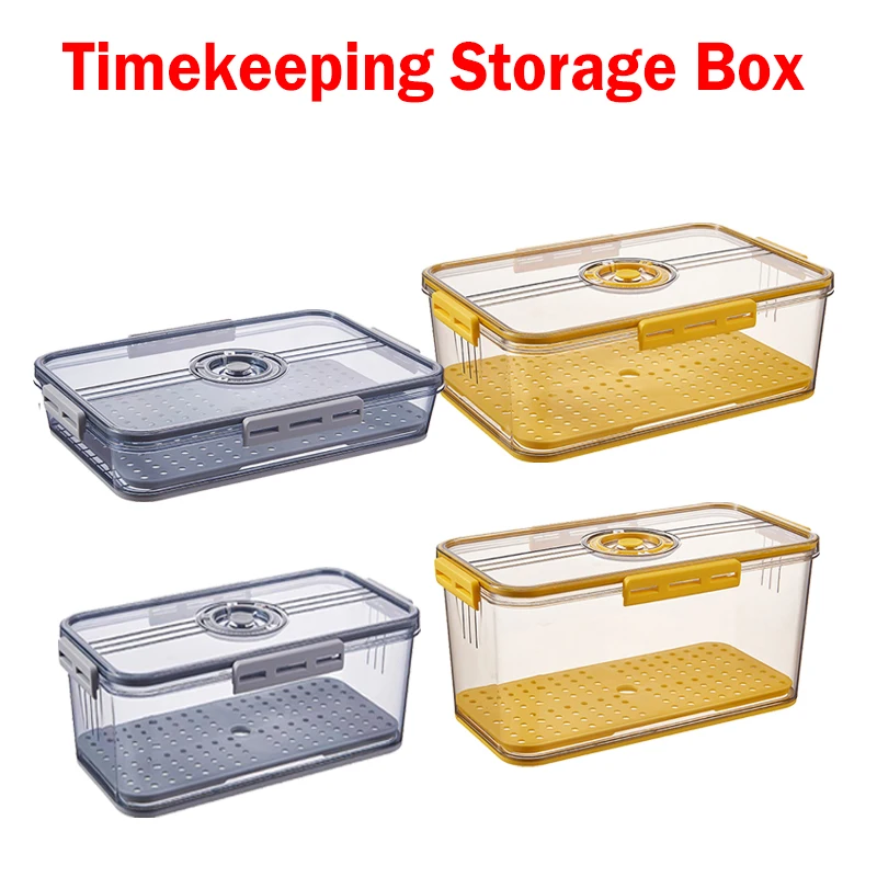 

PET Refrigerator Food Storage Box Sealed Bins with Drain Tray Timekeeping Fresh-Keep Meat Fruits Vegetables Freezer Containers
