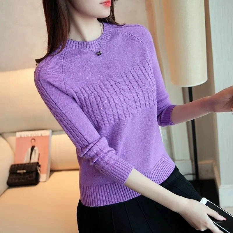 

Fashion Womens Sweater Autumn Rib Knit New V-Neck Long Sleeve Round Neck Splicing Slim Top Solid Color All-Match Ladies Clothing