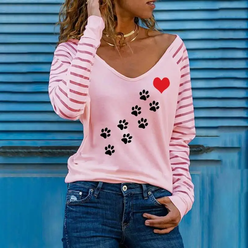 

Casual Women Dog Paw Heart Blouses Shirts Elegant Hollow Out Halter Pullover Tops Sexy Striped Patchwork Long Sleeve Blusas