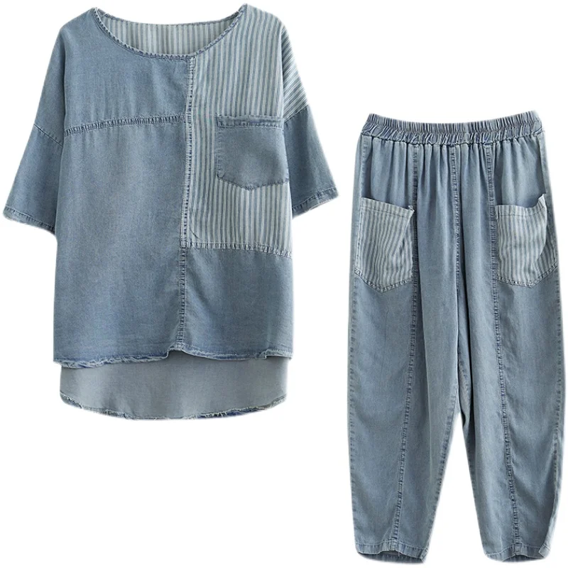 IEQJ Casual Striped Pattern Stitching Thin Denim Two-piece Suit New O-neck Short Sleeve Loose Women Fashion Summer 2021 3F0429
IEQJ Casual Striped Pattern Stitching Thin Denim Two-piece Suit New O-neck Short Sleeve Loose Women Fashion Summer 2021 3F0429