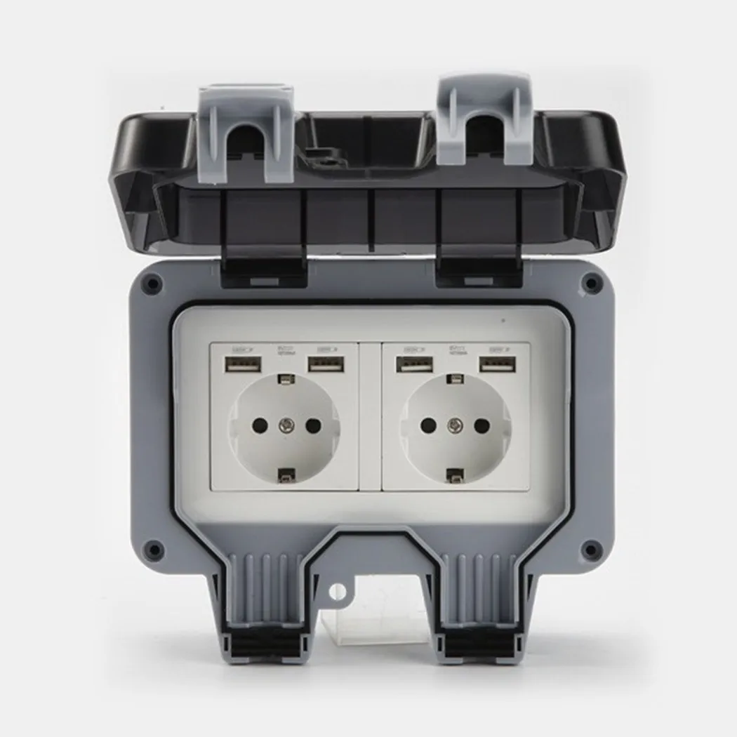 IP66 Waterproof Outdoor Wall Socket Double Germany Plug Sockets 4 USB Outlet 5V 2.1A EU Standard 10-16A
IP66 Waterproof Outdoor Wall Socket Double Germany Plug Sockets 4 USB Outlet 5V 2.1A EU Standard 10-16A