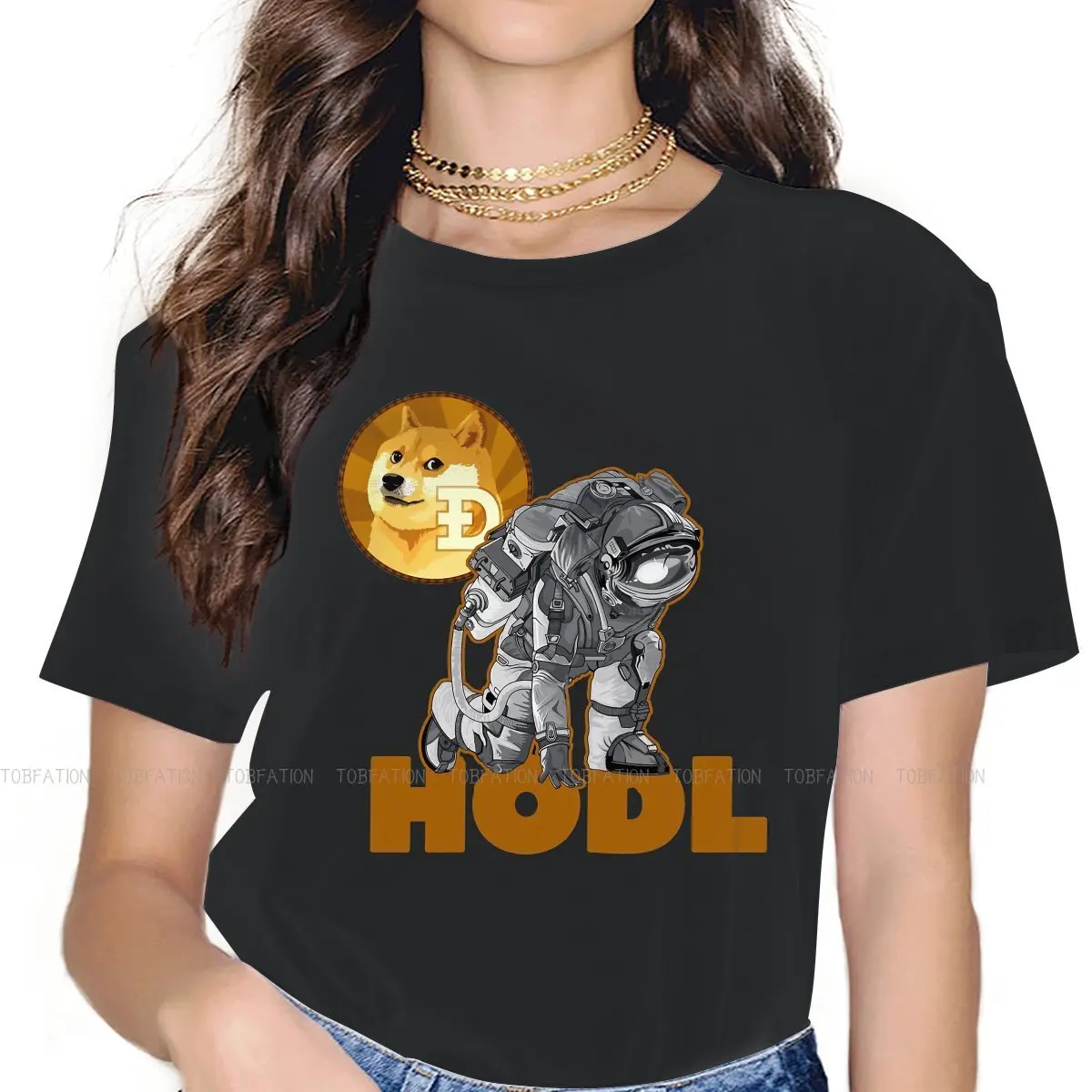 Dogecoin DOGE криптовалюты блок блоков 100% хлопок футболки HODL астронавт печать девушка