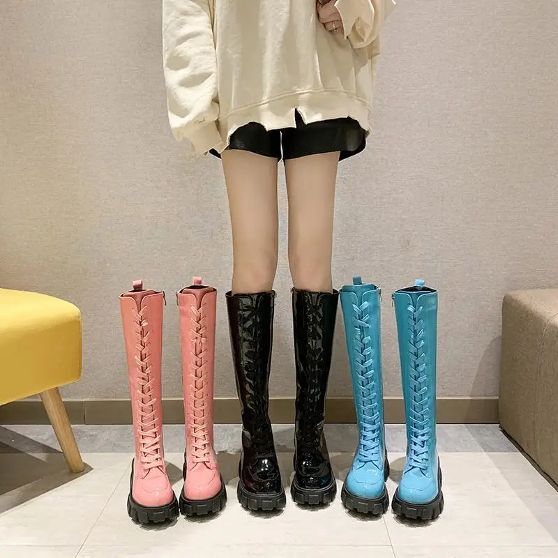 

Patent Leather Lace-up Wedge Boots over the Knee Martin Motorcycle Boots Wide Leg Knight Boots Contrast Color Women's Shoes