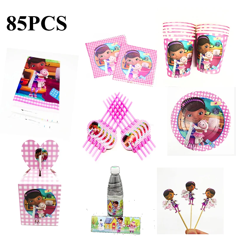 

85pcs Doc McStuffins Birthday Party Tableware Set Disposable Plates Cups Napkins Tablecloths Straws Baby Shower Decorations