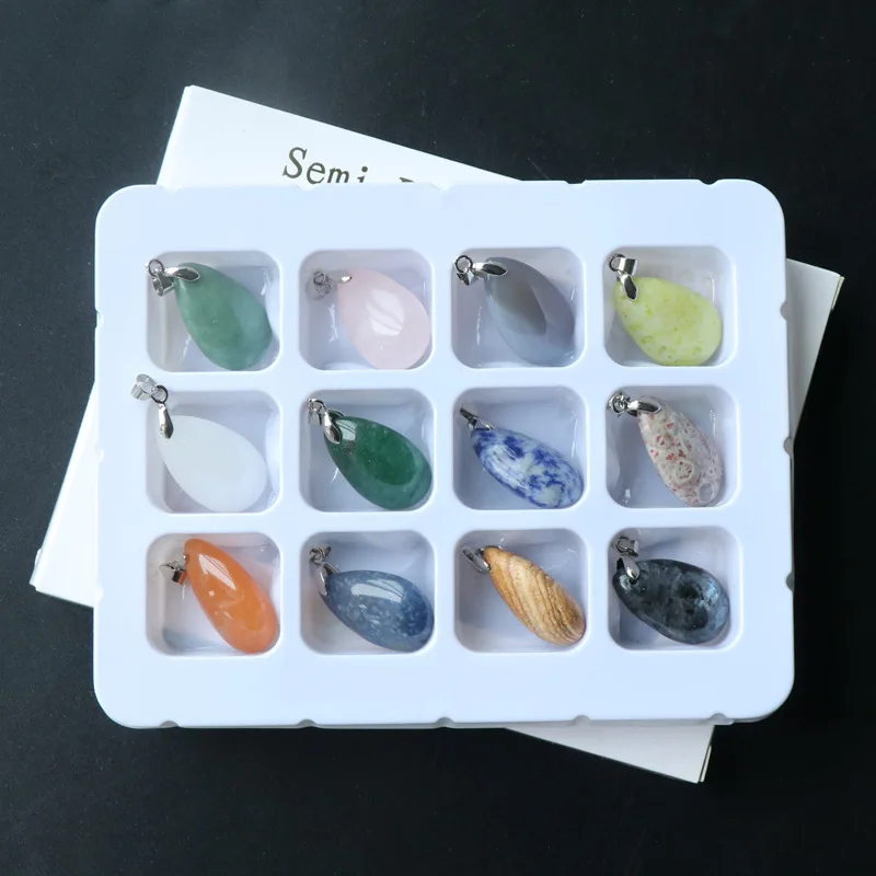 12pcs Chic Teardrop Stone Pendants Set With PU Cord Silvertone Plating Handmade Birthday Stone Necklaces
12pcs Chic Teardrop Stone Pendants Set With PU Cord Silvertone Plating Handmade Birthday Stone Necklaces