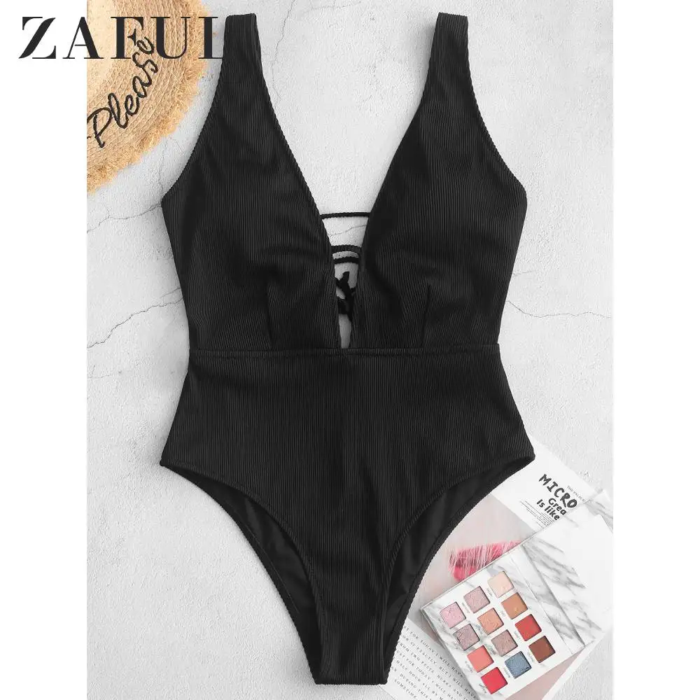 

ZAFUL Sexy Women Textured Ribbed Lace-Up Plunge One-Piece Swimsuit Plunging Neck High Waisted Swimwear Removable Padded