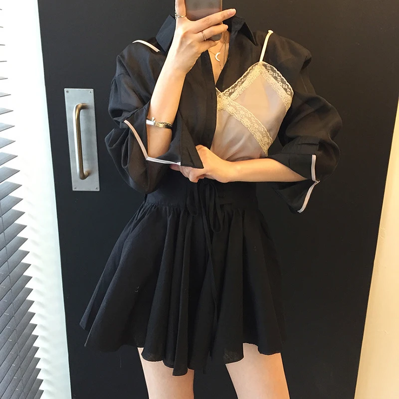 SHENGPALAE Lapel Lace Fake Two Piece Long Sleeve Shirt And High Waist Lace Up Waist Skirt Suit For Women In Summer 2021 5C885
SHENGPALAE Lapel Lace Fake Two Piece Long Sleeve Shirt And High Waist Lace Up Waist Skirt Suit For Women In Summer 2021 5C885