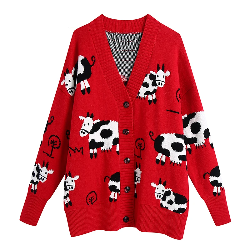 Spring Autumn V Neck Sweater Cardigan Women High Quality Cartoon Cow Print Knit Cardigan Female 2021 New Knitwear Sweater
Spring Autumn V Neck Sweater Cardigan Women High Quality Cartoon Cow Print Knit Cardigan Female 2021 New Knitwear Sweater