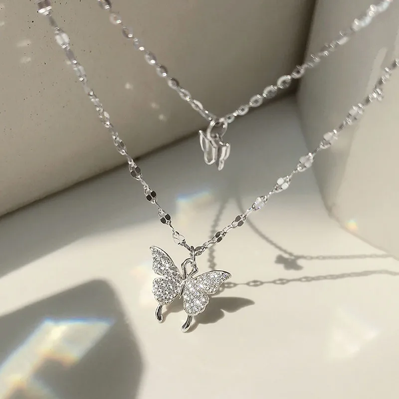 925 Sterling Silver Shiny CZ Butterfly Necklace for Women Dainty Double Layer Clavicle Chain Necklace Jewelry Silver Necklace
925 Sterling Silver Shiny CZ Butterfly Necklace for Women Dainty Double Layer Clavicle Chain Necklace Jewelry Silver Necklace