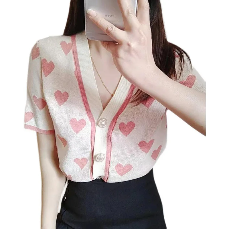 Ice Silk Knitted Cardigan Jacket Women 2021 Korean Sweet Red Love Pearl Thin Short Sleeves Temperament Sweater Female JD1405
Ice Silk Knitted Cardigan Jacket Women 2021 Korean Sweet Red Love Pearl Thin Short Sleeves Temperament Sweater Female JD1405