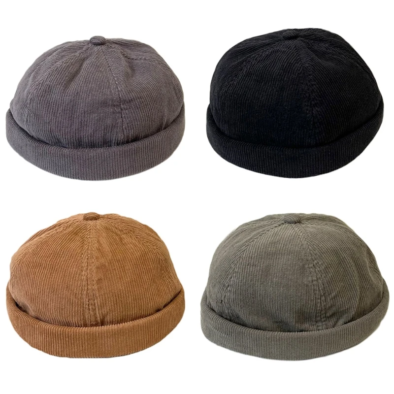 

896E Retro Corduroy with Adjustable Vintage Beanie Sailor Hat Cool Handsome Docker Hat with Adjustable Cap Warm Hat