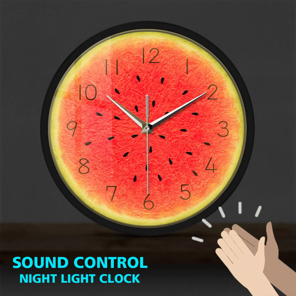 

It's Fruit Time Watermelon Metal Frame Luminous Wall Clock Sound Activated Nursery Wall Art Decor Slient Quartz Movement Watch